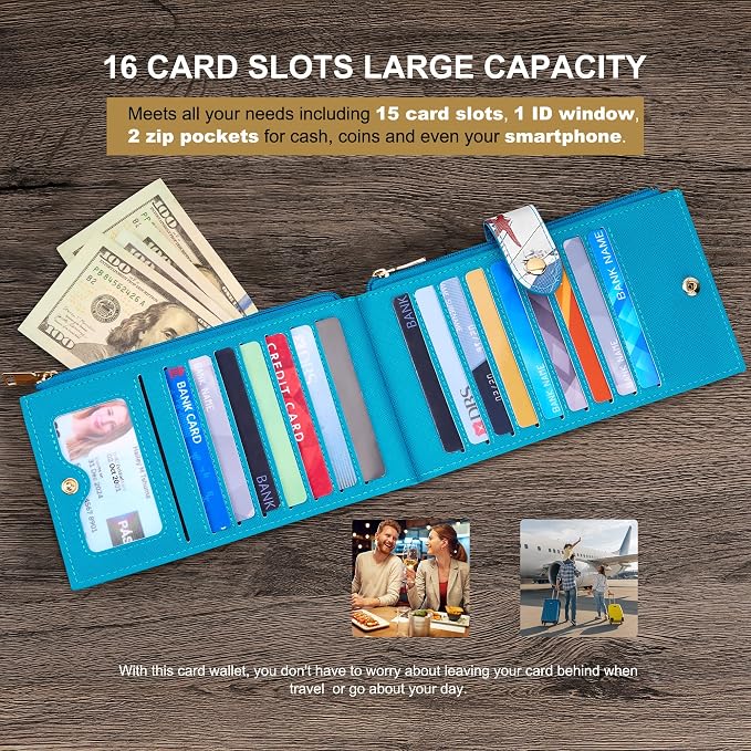 Travelambo RFID Wallet Women Large Size Bifold Multi Card Wallet Case with Zipper Pocke Credit Card Holder for Women