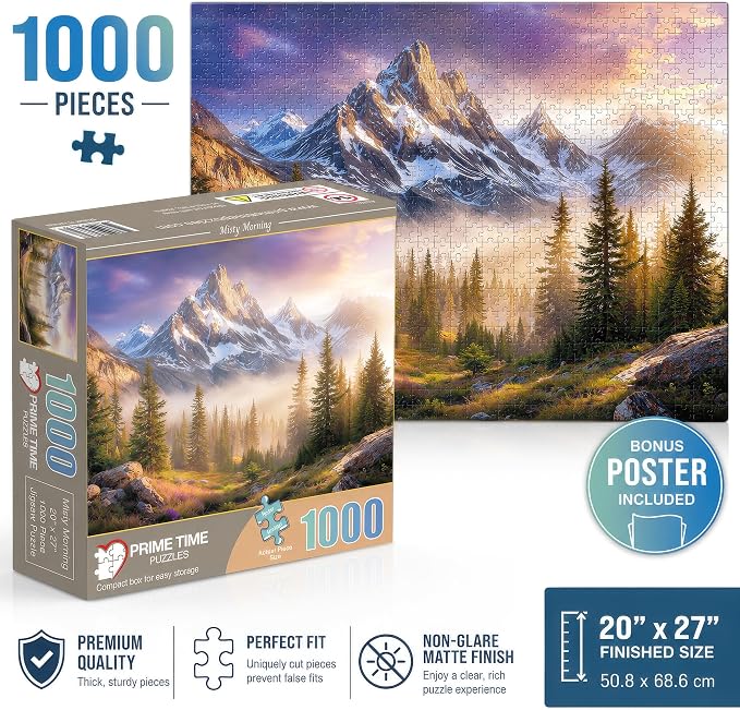 Adult Jigsaw Puzzle Foggy Mountain 1000 Piece | 20x27 inches. Features a majestic nature landscape scene, Great for game nights on a table, puzzleboard, or floor.