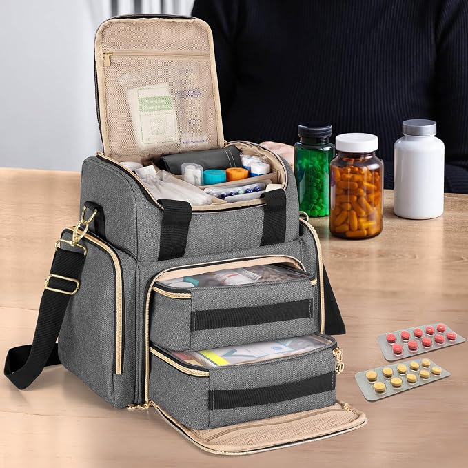 LUXJA Large Medicine Bag with 2 Removable Cases, Gray | Medicine Storage Bag with Multiple Pockets, Pill Bottle Organizer with Shoulder Strap, Trolley Sleeve for Travel or Home