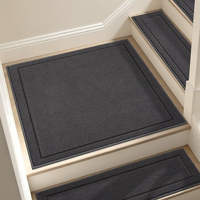 JSEI Non-Slip Stair Landing Rug Mat, 1-Pack 30" X 30", Dark Grey | Edging Stair Treads Corner Indoor Stair Runners for Wooden Steps for Kids and Dogs, 100% Polyester, TPE Backing