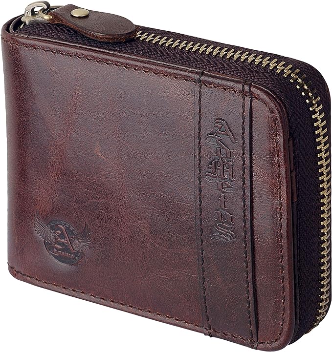 Admetus Mens Zipper Wallet Leather RFID Blocking Card Holder Zip Bifold | genuine leather,gift box packaging, ID window, 12 card slots,zip around