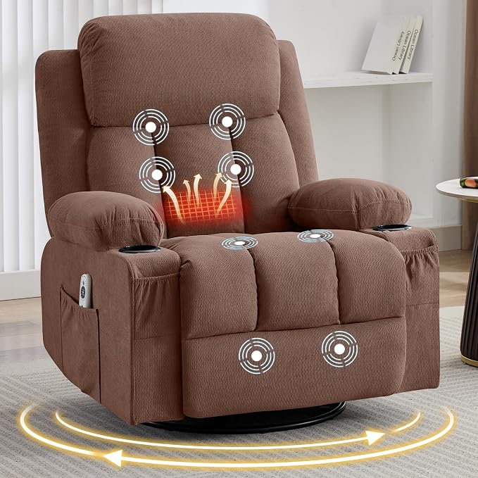 MAHOMICO Swivel Rocker Recliner Chair with Vibration Massage and Heat for Living Room,with Rocking Function and Side Pocket, USB Charge Port,2 Cup Holders