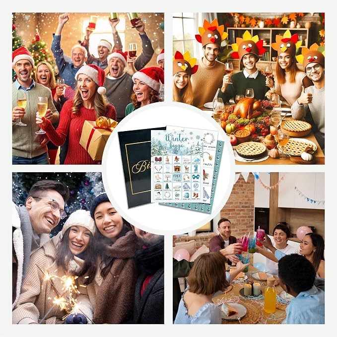 Christmas Party Bingo Game Cards, Winter Bingo Set for Adults Large Group, Winter Holiday Fun Party Games, Xmas Activities Icebreaker Games, for Family Friends, 02
