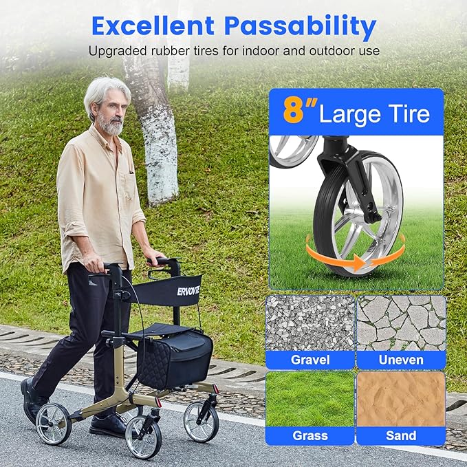 Walkers for Seniors with Seat, Foldable Rollator Walker, Reinforced Aluminum Frame, 8" Big Wheels for Indoor & Outdoor All Terrain Use, Height Adjustable Lightweight Rollator Walker with Seat