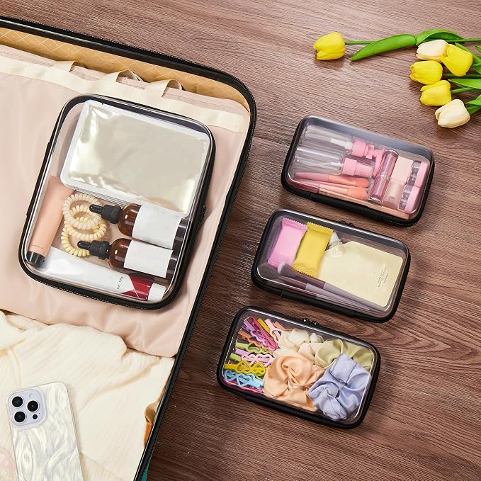 4 pcs Clear Zipper Pouches,Hard Shell Zipper Case, Toiletry Bag for Travel | CLear Diaper Bag, Toiletry Pouch, Travel Organizer, Cosmetic Bag,Toy Storage Bins (M+3S)(Black)