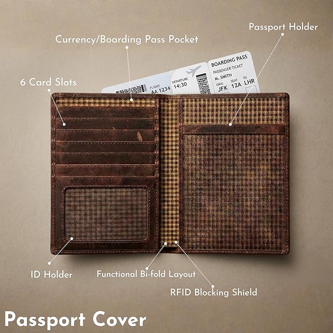 SETTINI® Genuine Leather RFID Passport Holder Wallet for Travel Compass | RFID blocking, genuine leather, passport + card slots, travel wallet, gift for travelers