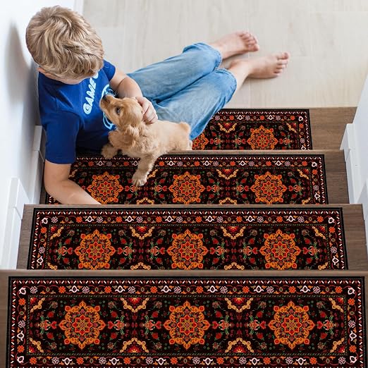 Stair Treads for Wooden Steps 15 Pack, Vintage Distress Print Pattern Runners Non Slip and Washable, Rug Carpet for Stairs with Silicone Backing 8" X 30"