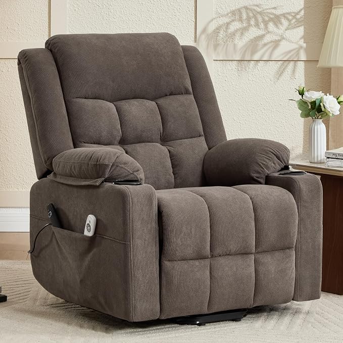 Ketaiyou Electric Power Lift Recliner Chair Sofa with Massage and Heat for Elderly, USB and Type-C Ports, Cup Holders, Infinite Position (Brown1, Regular)