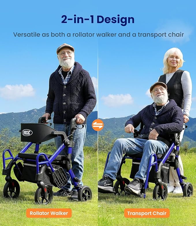 VOCIC Walkers for Seniors, Z55 2 in 1 Walker Wheelchair Combo, No-Bend Footrest, Rollator with 10" All Terrain Big Wheels, Transport Wheelchair Foldable, Rollator with Seat & Brakes, Storage Bag