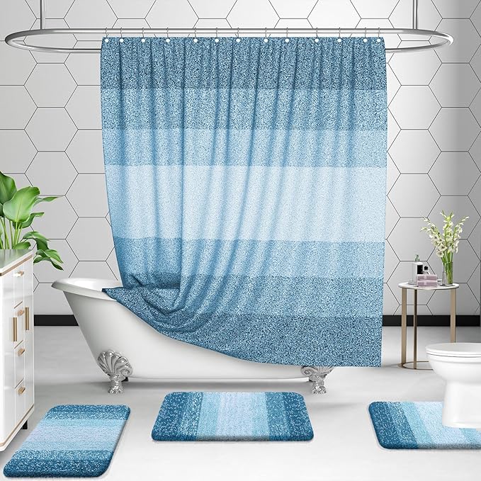 OLANLY Bathroom Rug Set 2 Piece, Soft Absorbent Microfiber Bath Rug Set, Non-Slip, Machine Wash Dry, Plush Shaggy Bath Mats for Bathroom (30"x20"+24"x16", Peacock Blue)