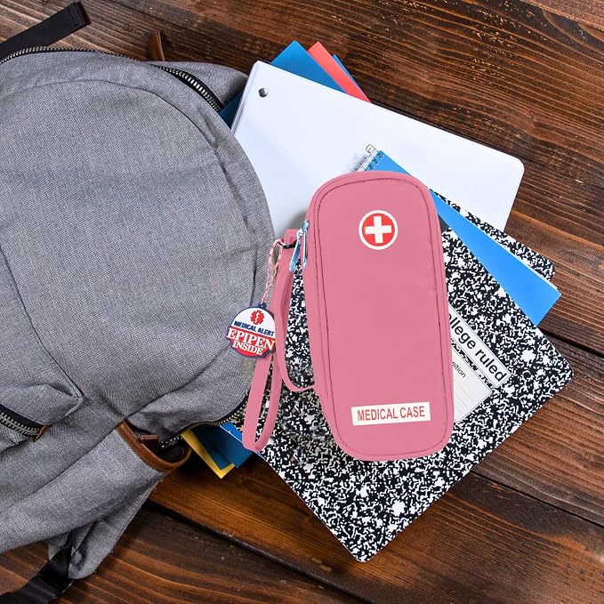 Jayour EpiPen Medical Carrying Case Insulated, Travel Medication Organizer Bag Emergency Medical Pouch, Fits 2 EpiPens, Asthma Inhaler, Anti-Histamine, Auvi-Q, Allergy Medicine Essentials (Pink)
