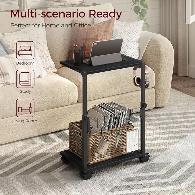 PC Stand, Height Adjustable Computer Tower Stand, 19.7"-31.5" H, Computer Cart with Charging Station, Wheels and Hooks, CPU Holder for Floor, Carpet and Under Desk, Easy Assembly, Black