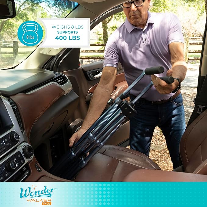 Stander Wonder Walker Plus Short, Lightweight Junior Folding Mobility Aid for Petite Adults, Seniors, and Elderly, Collapsible Travel EZ Fold-N-Go with Wheels, Glides & Basket, Cobalt Blue