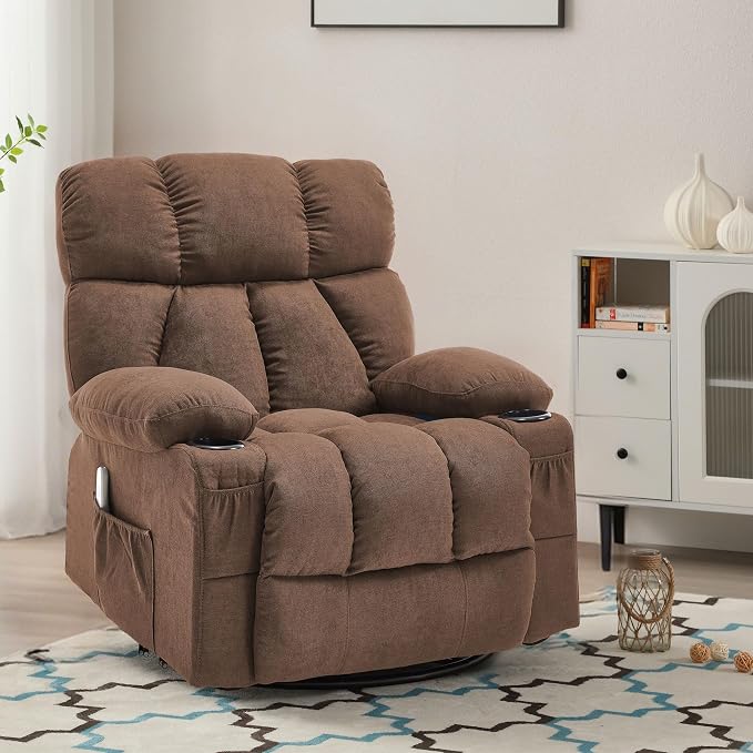 Oversized Massage Swivel Rocker Recliner Chair with Heat and Vibration Rocking Lounge Chair for Living Room Comfy Overstuffed Recliner with 4 Side Pockets,2 Cup Holders, USB Charge Port, Brown