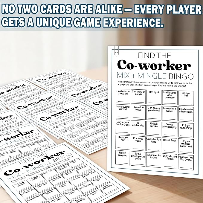 Team Building Games for Work Adults – Find Someone Who Bingo Game, 25 Unique Human Bingo Cards 5x7 Inch, Ice Breaker & Office Games for Parties, Meetings & Events - A02