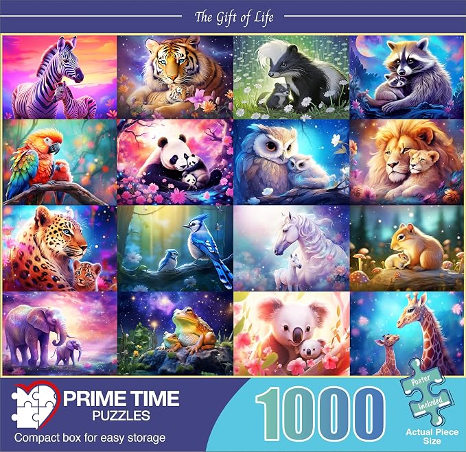 Adult Jigsaw Puzzle 1000 Piece Fantasy Animals | Features colorful birds, animals, and babies in nature. Great for game nights on a table, puzzleboard, or floor.