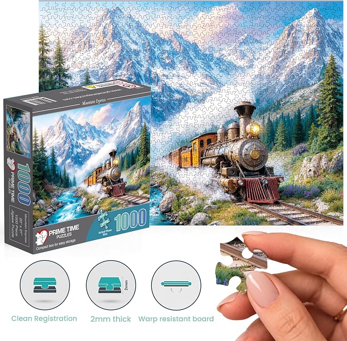 Adult Jigsaw Puzzle 1000 Piece Mountain Express | Features a steam locomotive thundering down the train tracks. Challenging 20x27 inch finished display.