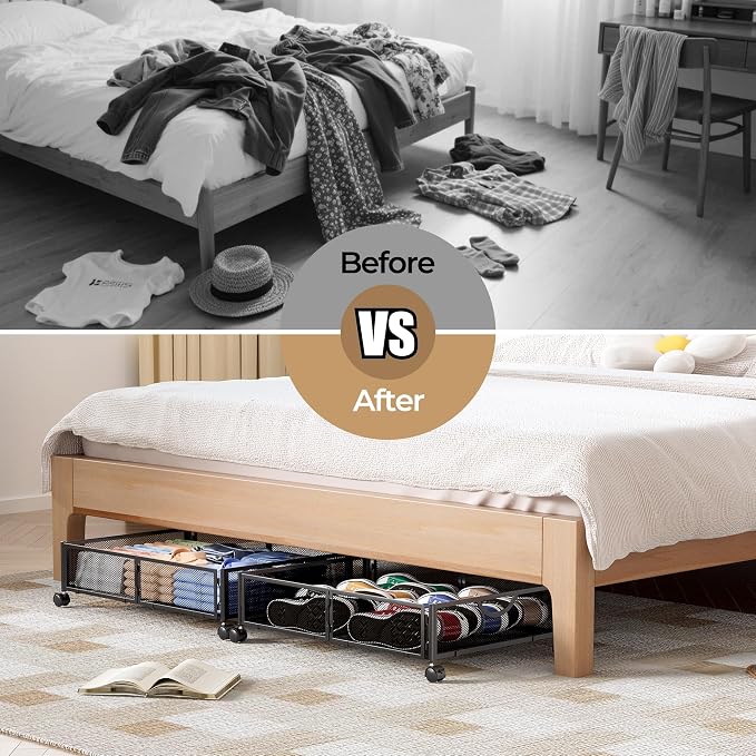 Yecaye Under Bed Storage with Wheels, 4 Pack Under Bed Shoe Storage Organizer Drawer, Tool-free Assembly Metal Underbed Storage Containers for Clothes, Shoes, Toys, Black