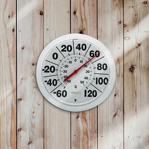 Springfield Indoor Outdoor Big and Bold Dial Thermometer, Wireless Thermometer with Easy to Read Large Numbers for Patio, Pool, and Indoor Areas, 8-Inch, White