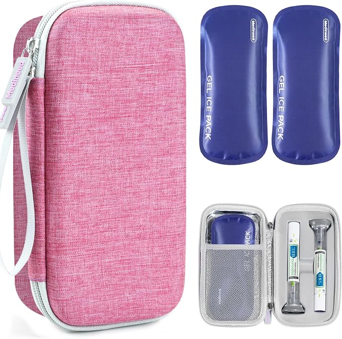 Portable Insulated Cooler Travel Case Fits 2 Zepbound Injector Pens, Tirzepatide Travel Case TSA Approved with 2PCS Reusable Ice Packs, EVA Medicine Organizer for Daily Use(Pink,Big)