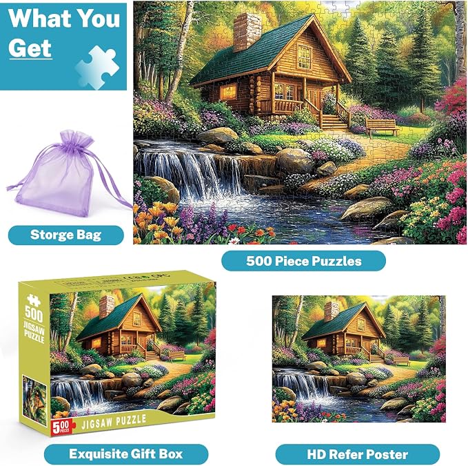 500 Piece Puzzle for Adults – Cozy Cabin Jigsaw Puzzles 500 Pieces, Forest Cottage Landscape with Waterfall & Flowers, Relaxing Adult Puzzles, 20.5 x 15 in