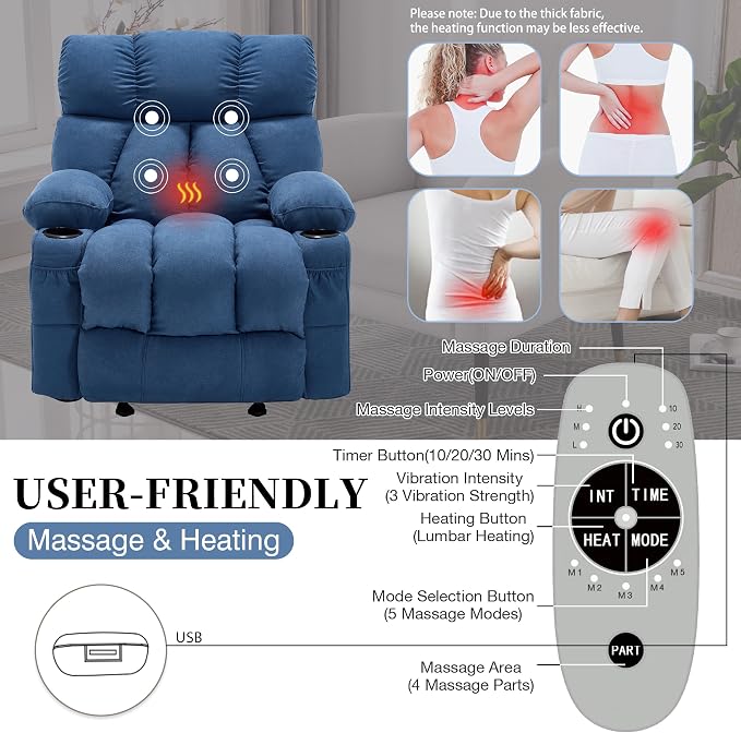 Massage Rocker Recliner Chair with Heat and Vibration Ergonomic Rocking Lounge Chair for Living Room Comfy Overstuffed Recliner with 4 Side Pockets, 2 Cup Holders, Blue