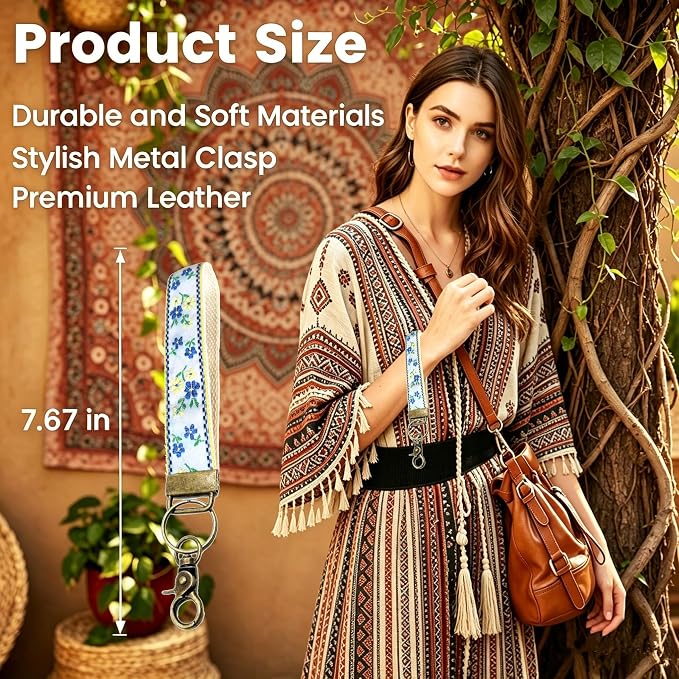 Boho Vintage Embroidered Floral plant Wristlet Keychain for Women | Cute Lanyard&Antique Brass Clasp, Lightweight Hands-Free Key Holder for keys,purses,handbags and daily outdoor use for ladies