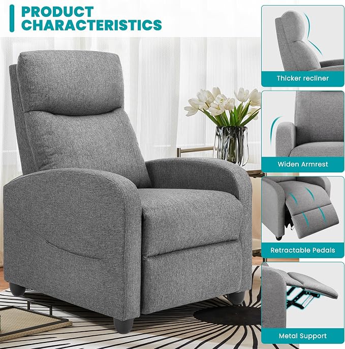 Sweetcrispy Recliner Chair Fabric Recliner Sofa No Massage, Home Theater Seating with Lumbar Support, Adjustable Push Back Overstuffed High-Density Sponge Reclining for Living Room, Grey