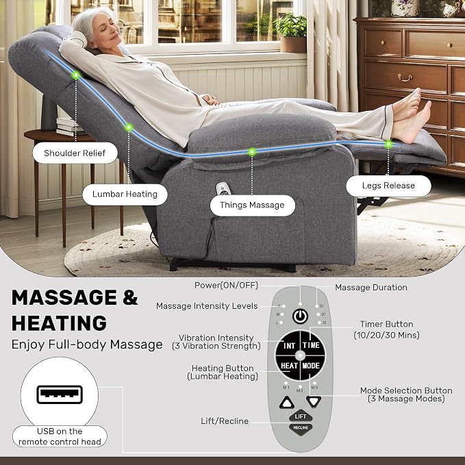 Oversized Power Lift Recliner Chair for Elderly, Big and Tall Lift Chair with Massage and Heat for Living Room, Fabric Electric Recliner Chairs with Side Pocket, USB Charge Port Grey