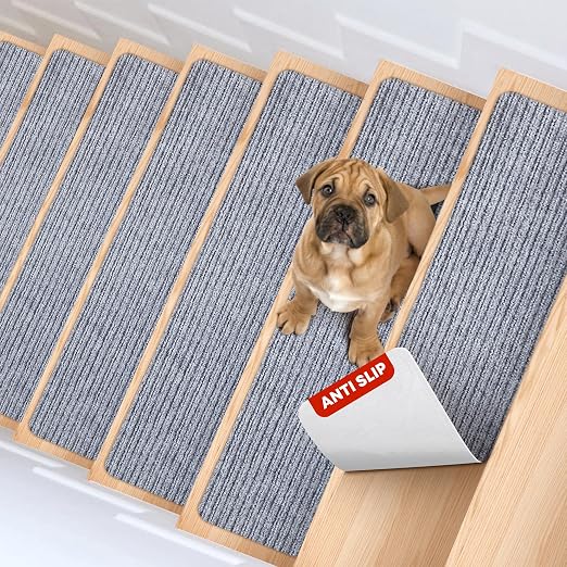 MBIGM Carpet Stair Treads for Wooden Steps, 15 Pack, 8" x 30", Light Gray | Four-layer polyester carpet with PP grid base, nonwoven cushion and TPR adhesive backing adds indoor traction and comfort