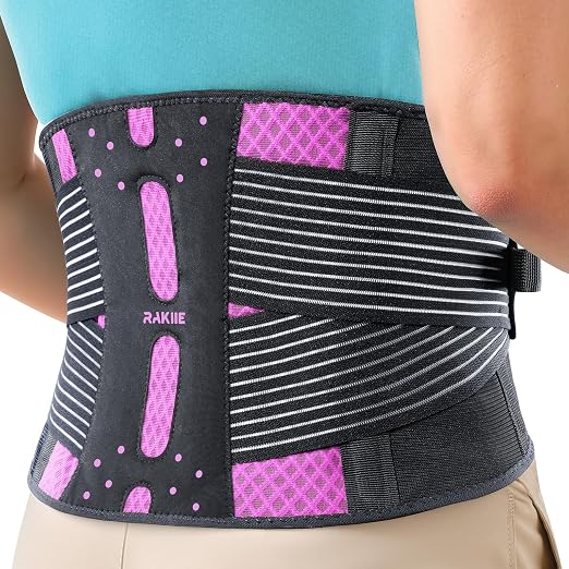 Rakiie Slim Back Brace for Lower Back Pain Relief, Lightweight & Breathable Back Support Brace for Men Women, Ergonomic Light Lumbar Support for Everyday Wear, Pink XXL
