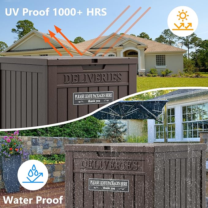 Package Delivery Box for Outside with Sticker, 48 Gallon Storage with Lockable Secure, Large Double Wall Resin Outdoor Package Delivery Waterproof Deck