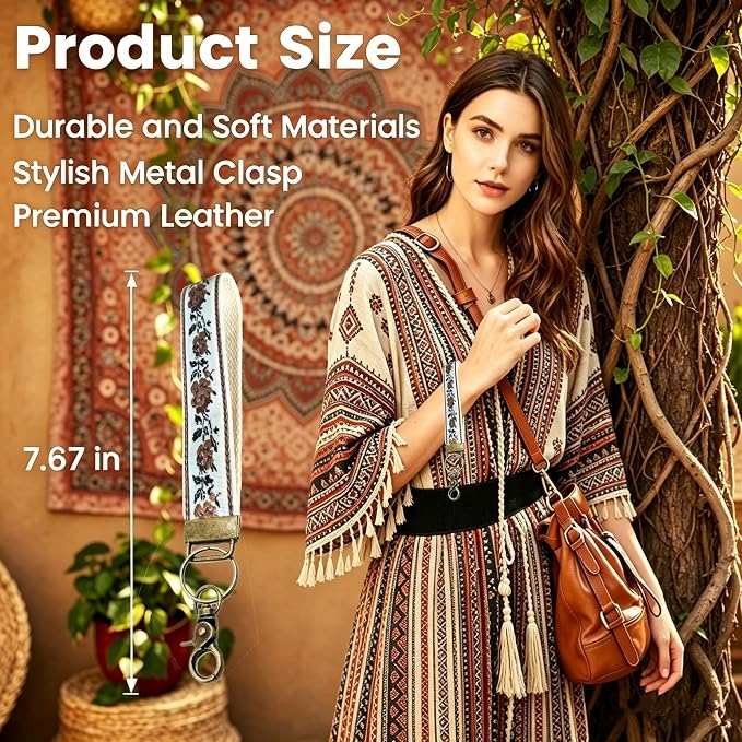 Boho Vintage Embroidered Floral plant Wristlet Keychain for Women | Cute Lanyard&Antique Brass Clasp, Lightweight Hands-Free Key Holder for keys,purses,handbags and daily outdoor use for ladies