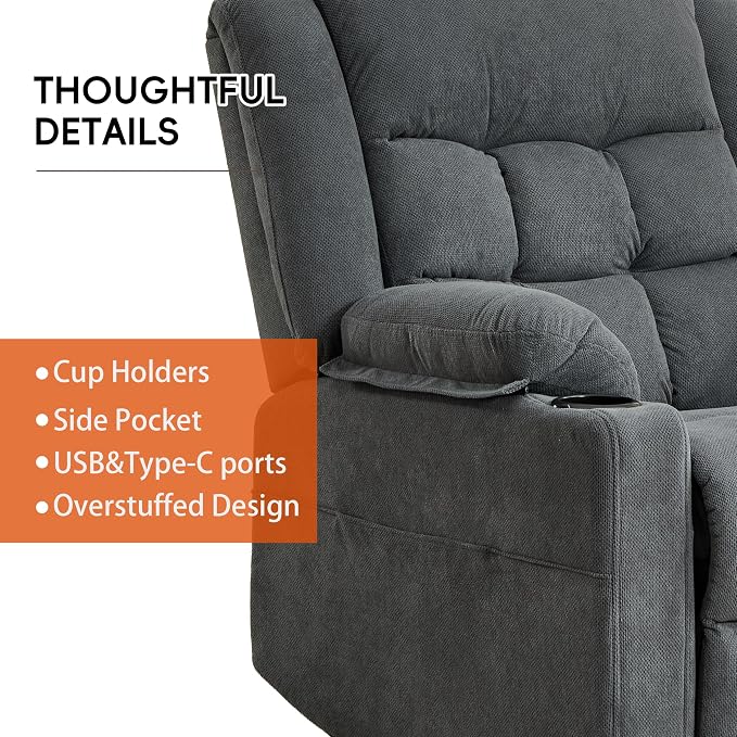 Ketaiyou Electric Power Lift Recliner Chair Sofa with Massage and Heat for Elderly, USB and Type-C Ports, Cup Holders, Infinite Position (Dark Grey, Regular)