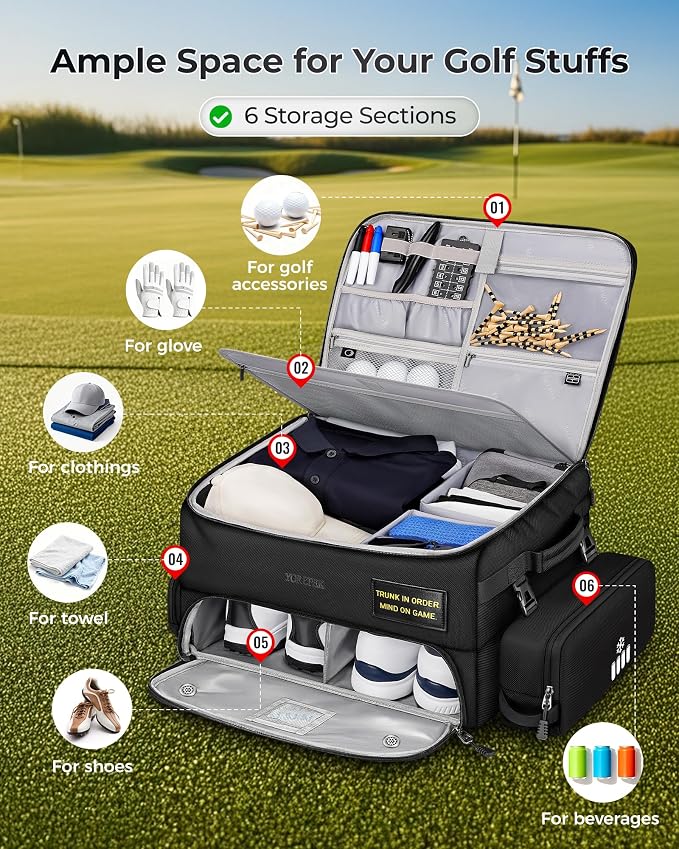 YOREPEK Upgraded Golf Trunk Organizer with Removable Insulated Pouch | Golf Gifts for Men, Golf Organizer with Dust-Proof Protective Layer, Multi-Compartment fit 2 Pairs of Shoes, Golfing Stuff