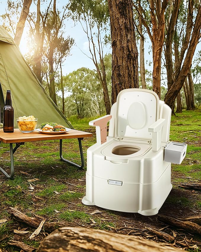Bedside Commode, 500lbs Heavy Duty & Upgraded Commode Toilet Potty Chair, Portable Camping Toilet, Detachable Armrests, Automatic LED Light, 2-Level Height, 3 Rolls of Commode Liners 【Brown】