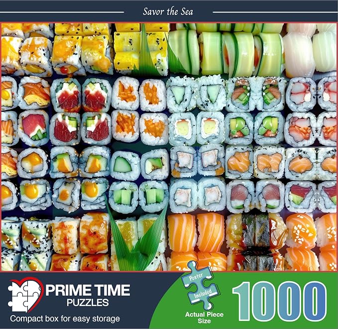 Adult Jigsaw Puzzle 1000 Piece Sushi Rolls | Challenging food puzzle. collage puzzle featuring gourmet sushi rolls — great for game nights and food lovers.