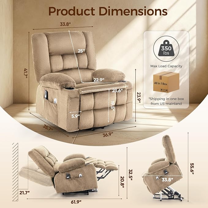Power Lift Recliner Chair for Elderly, Electric Reclining Lift Chair with Massage and Heating, Comfy Overstuffed Recliner Single Sofa with Cup Holders, Pockets, USB Charge Port for Living Room, Camel