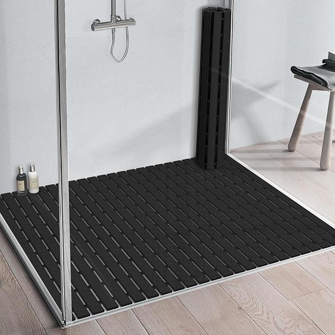 Yolife PVC Large Shower Mat, 35.4 × 24 Inch Non Suction Cup Non Slip Shower Floor Mat, Easy to Cut & Curlable Stand Up Shower Stall Mat, Heavy Duty Bath Shower Mats for Inside Shower