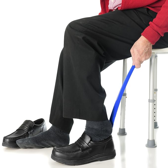 Rehabilitation Advantage Extra Long Blue Plastic Shoehorn (24") – Lightweight Shoe Helper with Curved Handle, Hooked End & Hanging Loop – Ideal for Seniors, Tall Users & Limited Mobility