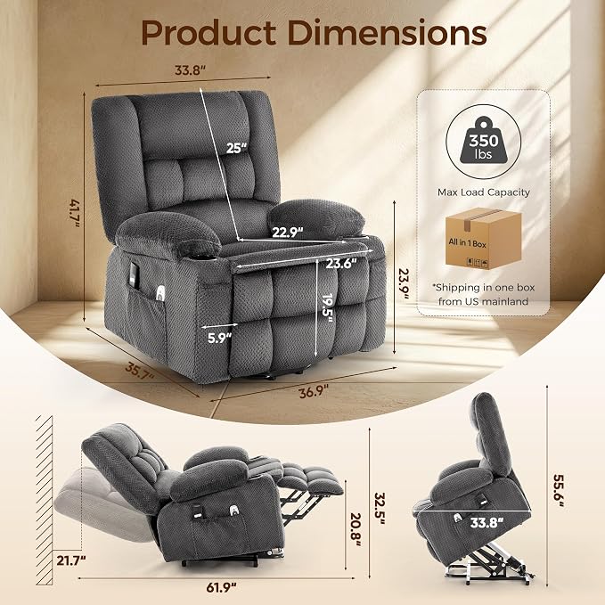 Power Lift Recliner Chair for Elderly, Electric Reclining Lift Chair with Massage and Heating, Comfy Overstuffed Recliner Single Sofa with Cup Holders, Pockets, USB Charge Port for Living Room, Grey