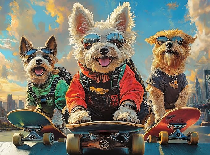 Adult Jigsaw Puzzle Dogs on Skateboards 1000 Piece | Finished size is 20x27 inches. Features a funny, vibrant city scene designed to challenge and entertain puzzle lovers.