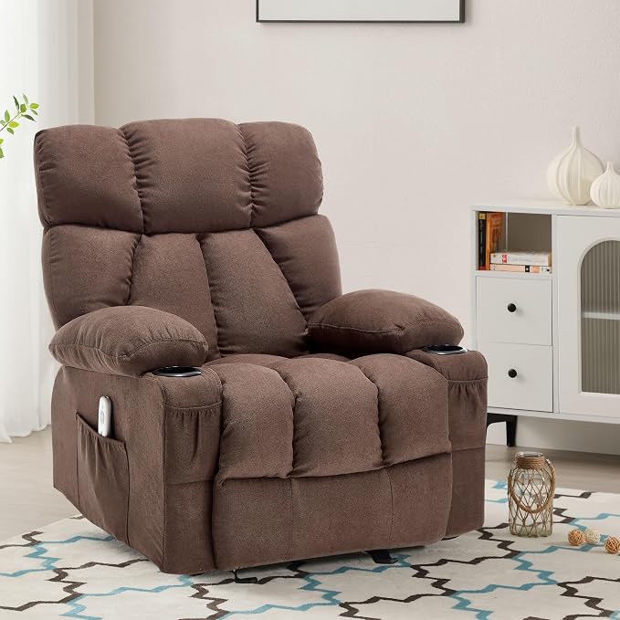 Massage Rocker Recliner Chair with Heat and Vibration Ergonomic Rocking Lounge Chair for Living Room Comfy Overstuffed Recliner with 4 Side Pockets,2 Cup Holders, Brown