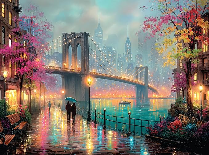 Adult Jigsaw Puzzle 1000 Piece Brooklyn Bridge | Features an artistic New York City cityscape in the rain. 20x27- Great for game nights on a table, puzzleboard, or floor.