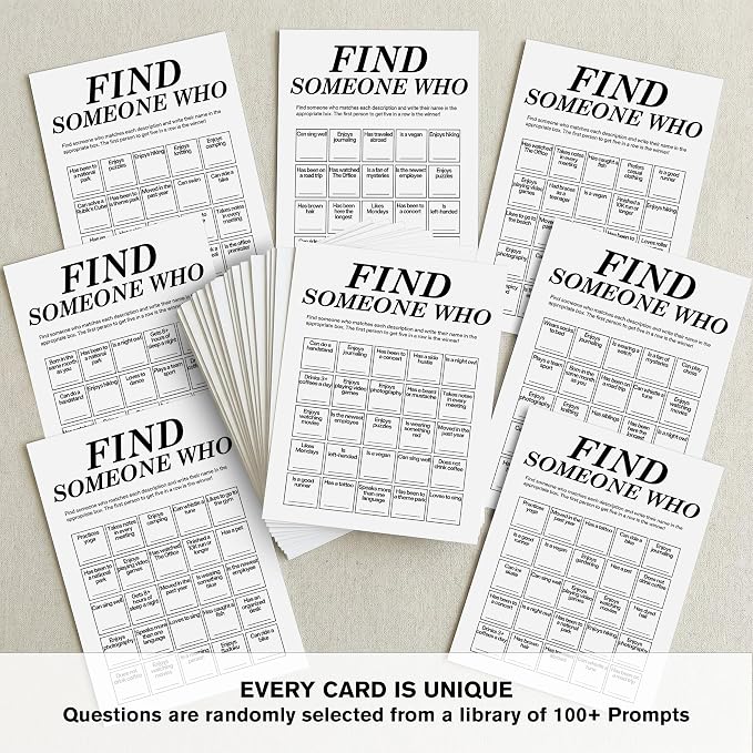 Find Someone Who Bingo Cards, 25 Unique Randomized 5x7 Sheets, Get to Know You Bingo Game for Adults, Ice Breaker Office Party Games, Team Building Games for Work, High Replay Value - A04
