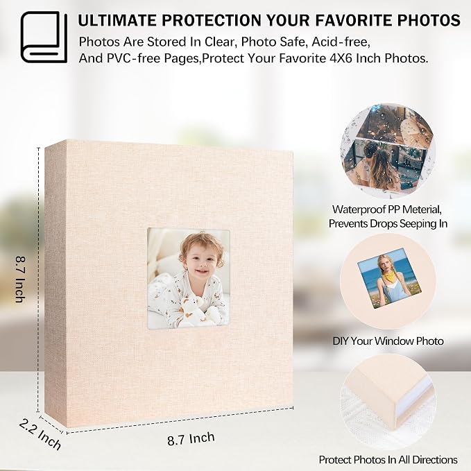4x6 Photo Album Holds 240 Photos with Writing Space, Linen Cover Picture Book with Front Window for Family Wedding Baby Travel & Graduation Memories, Beige
