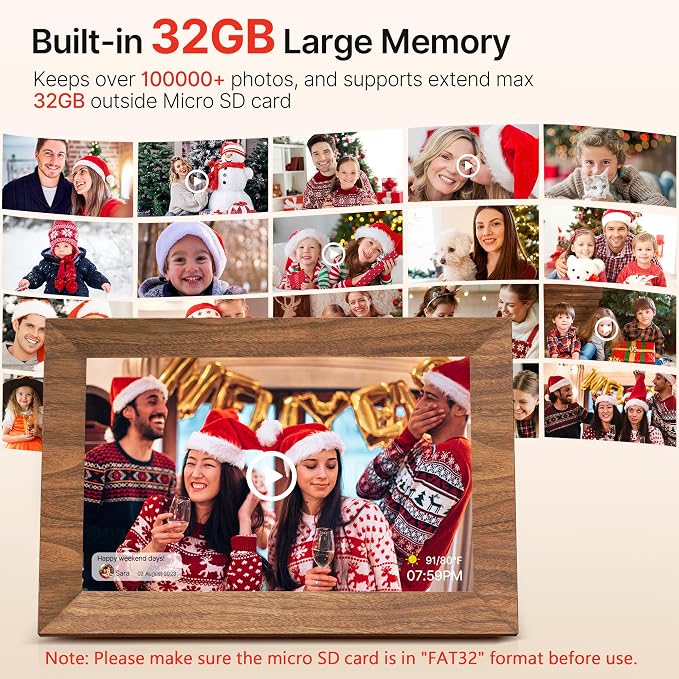 Uhale Digital Picture Frame 32GB Storage 10.1 Inch Wood WiFi Electronic Photo Frames SD Card Slot IPS Touch Screen HD Display Auto Rotate Slideshow Share Videos Photos Instantly Send Wishes Remotely