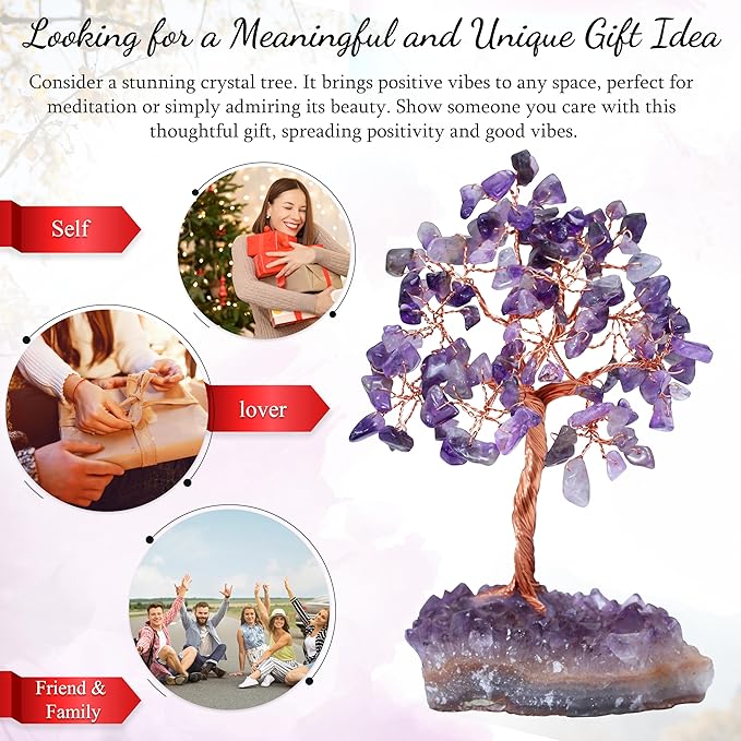 Crocon Amethyst Crystal Tree with Cluster Base Tree of Life Decor for Shelf, Bedroom, Birthday Gifts for Women, Sister Gift, Birthday Gifts for Mom, Cute Home Office Decor Purple Housewarming Present