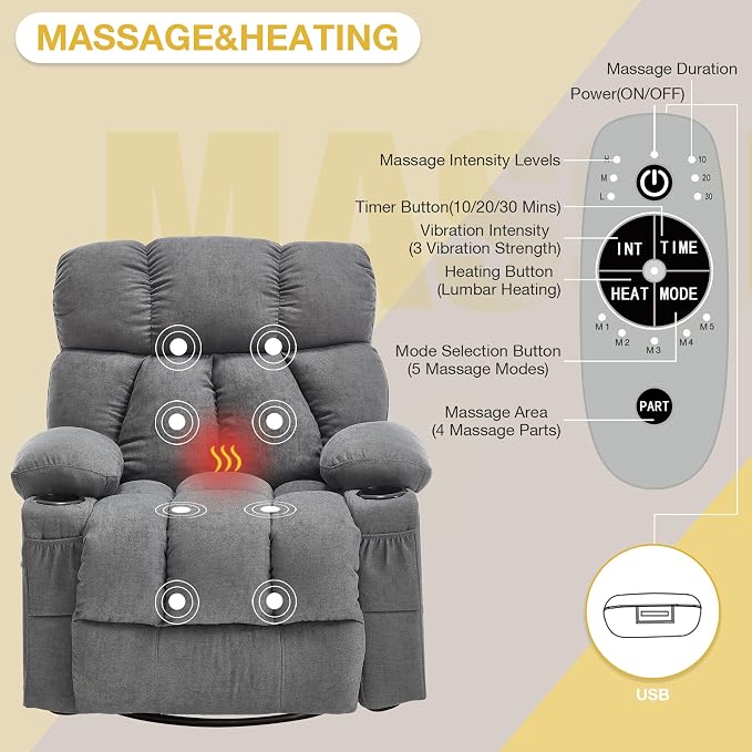 Oversized Massage Swivel Rocker Recliner Chair with Heat and Vibration Rocking Lounge Chair for Living Room Comfy Overstuffed Recliner with 4 Side Pockets,2 Cup Holders, USB Charge Port, Grey