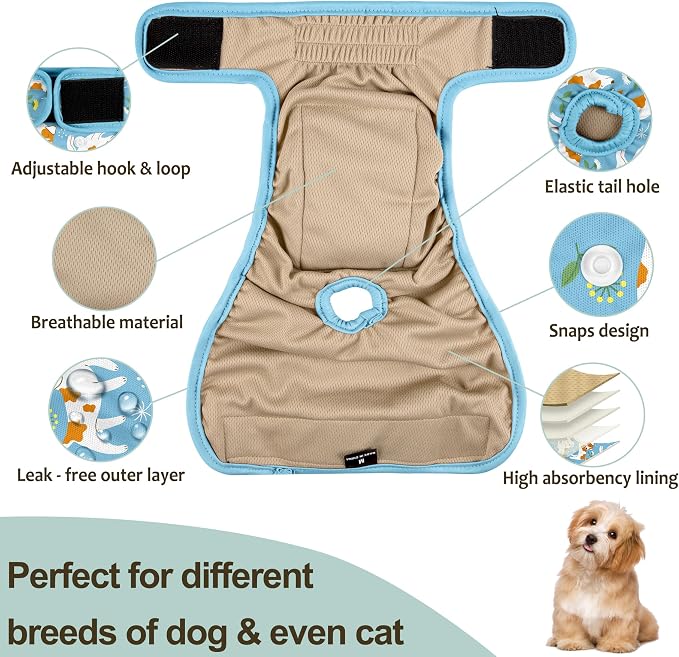 Female Dog Diapers 5Pcs - Premium Reusable Diapers for Doggie in Heat - Highly Absorbent Dog Diapers Female for Pet Incontinence with Adjustable Snaps, S
